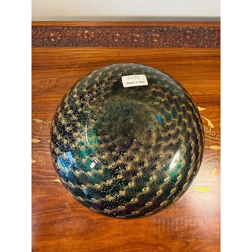 Signed Barbini Murano Art Glass Vase Emerald Green Gold Aventurine Bullicante 7